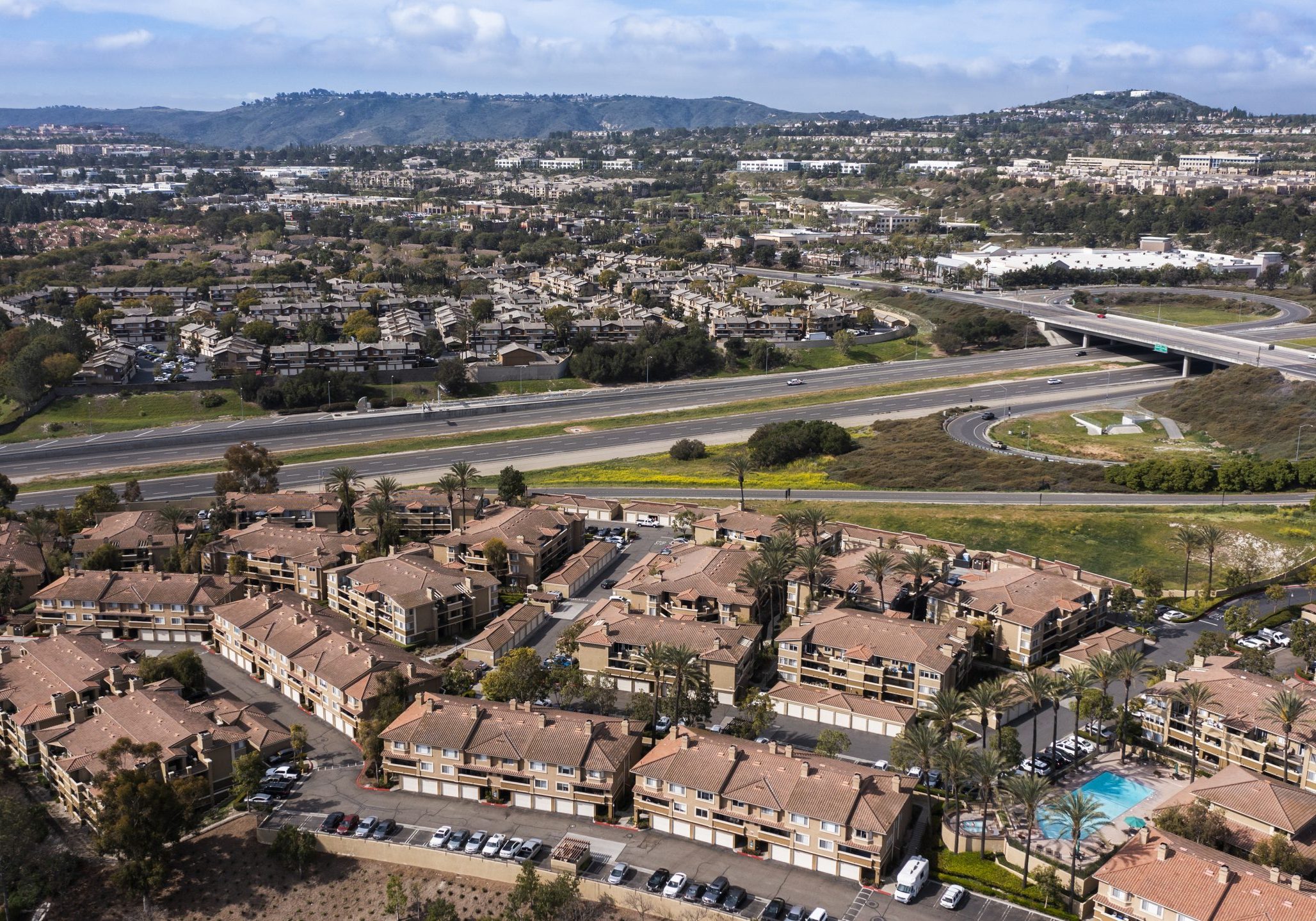 Aerial view of the urban core of Orange County city of Aliso Viejo, California, USA.